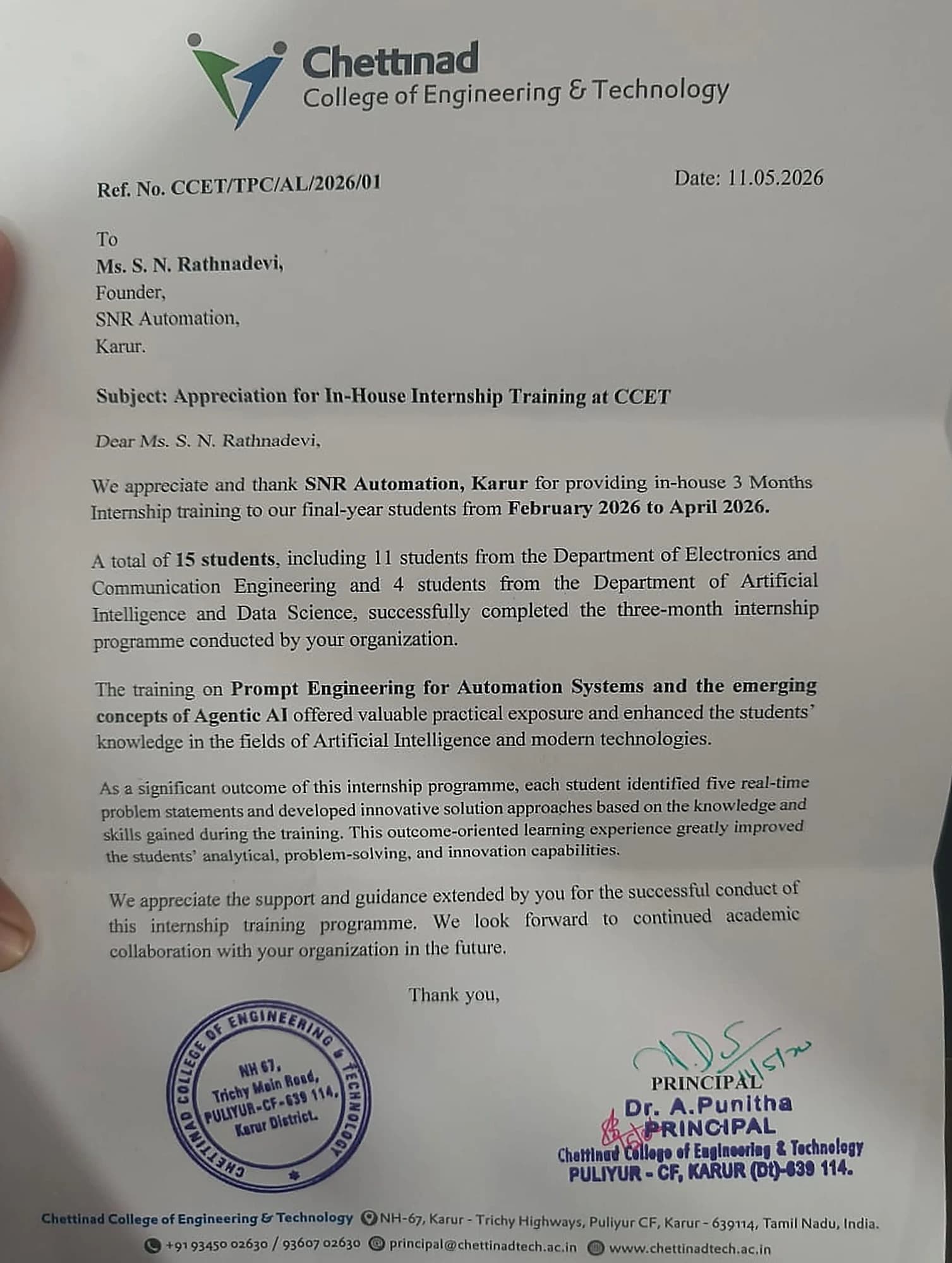 Appreciation for In House Internship Training delivered by SNR AUTOMATIONS, issued by Chettinad College of Engineering and Technology