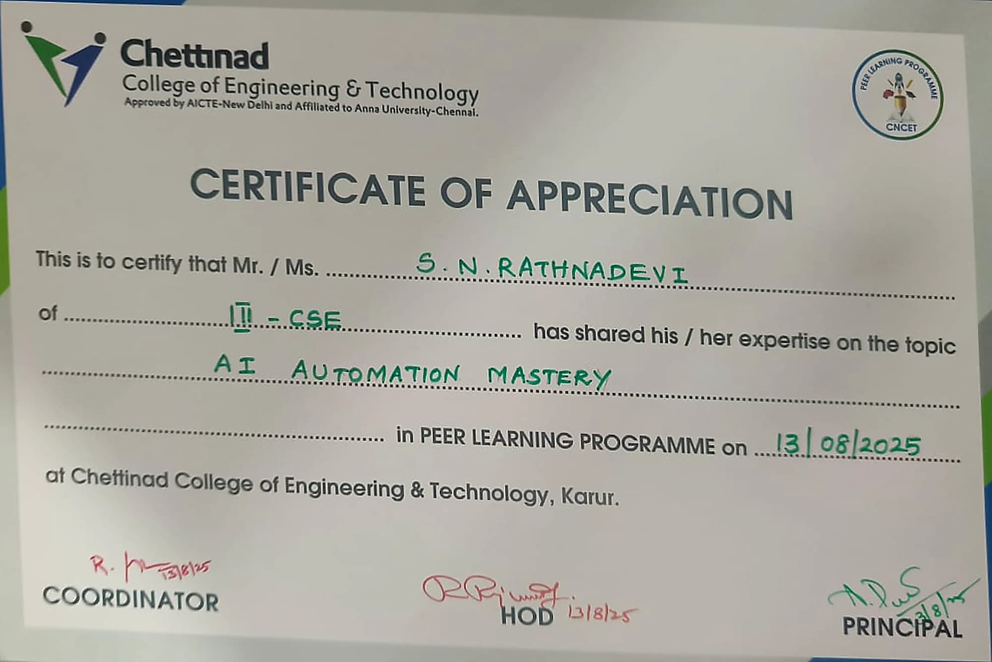 AI Automation Mastery, delivered to the Peer Learning Programme, issued by Chettinad College of Engineering and Technology