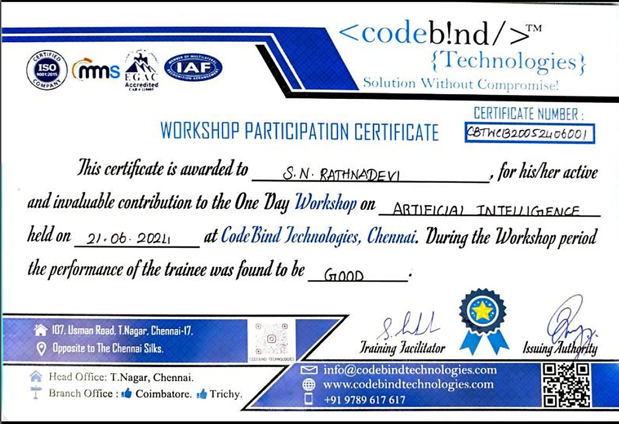 Artificial Intelligence Workshop, issued by CodeBind Technologies