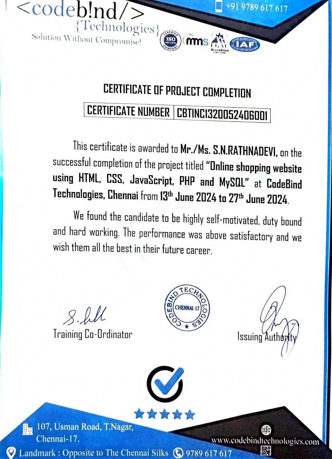 Online Shopping Website using HTML, CSS, JavaScript, PHP and MySQL, issued by CodeBind Technologies