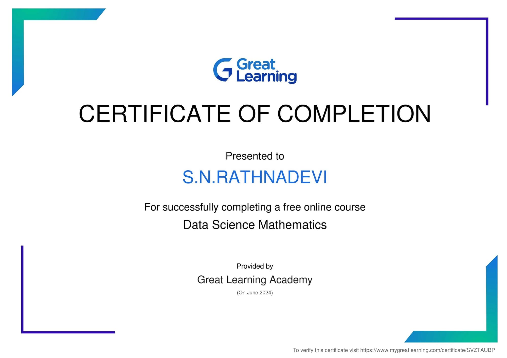 Data Science Mathematics, issued by Great Learning Academy