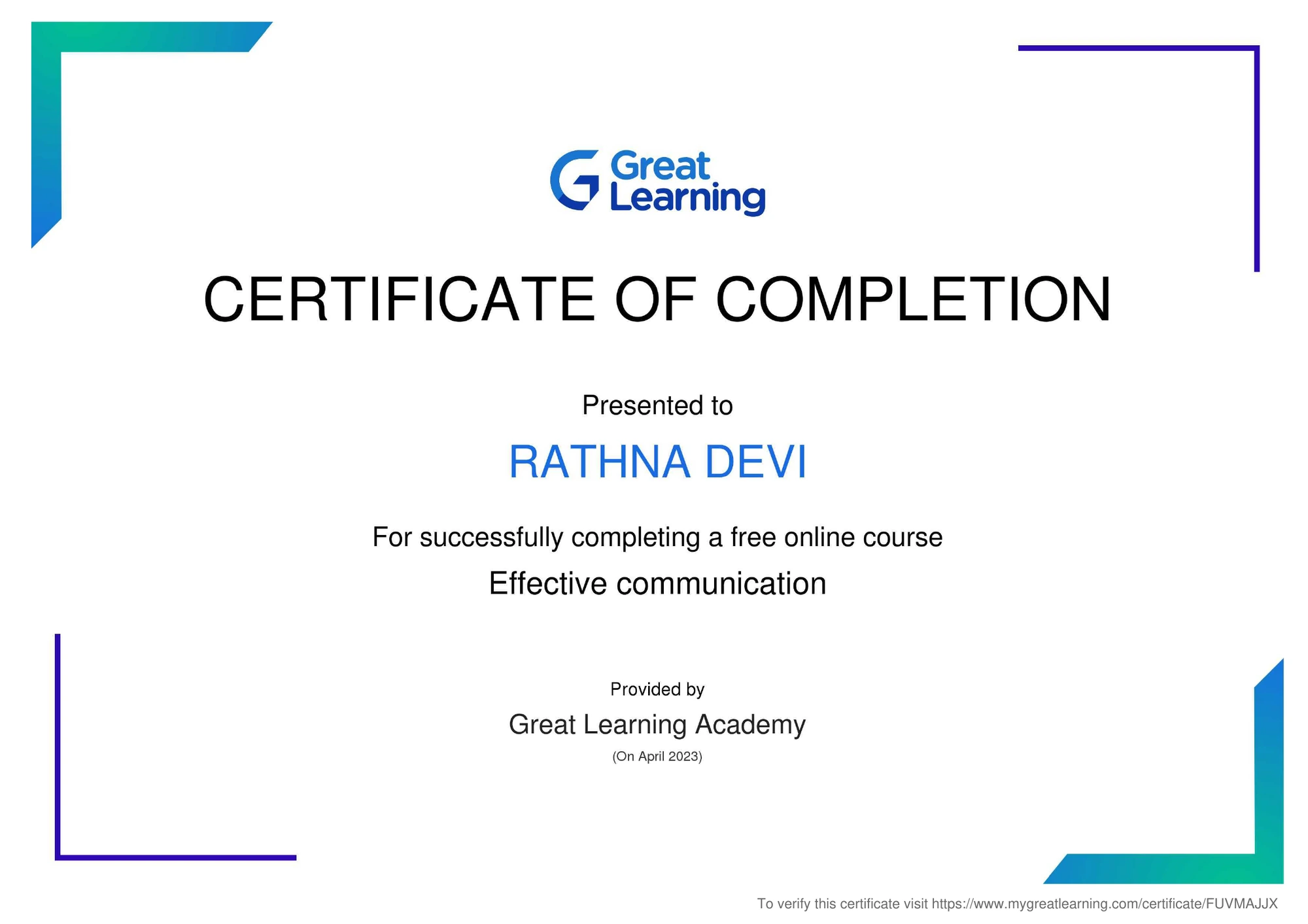 Effective Communication, issued by Great Learning Academy