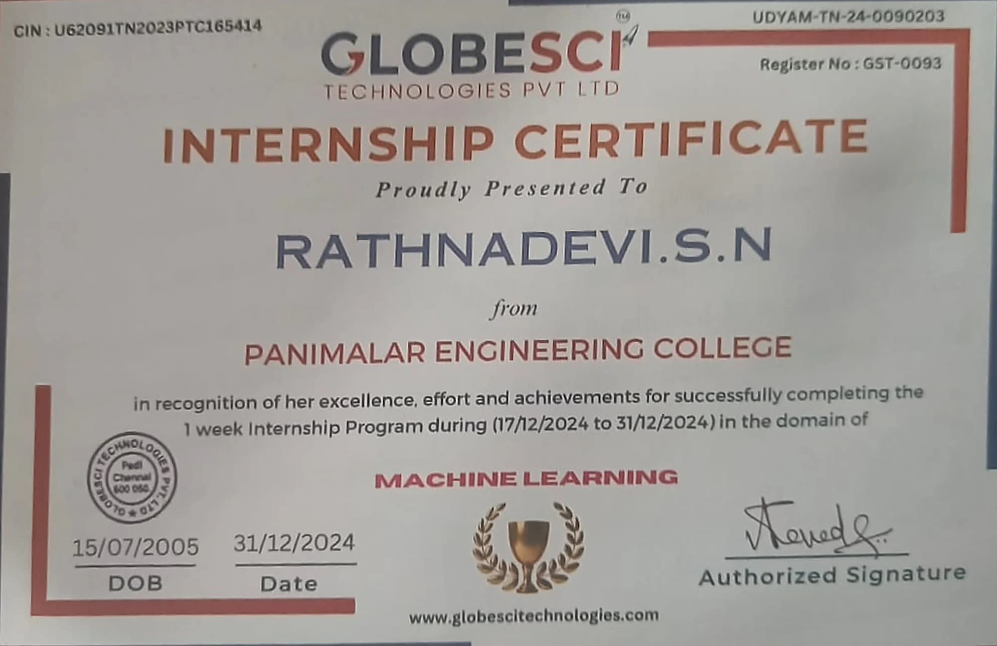 Machine Learning Internship, issued by GLOBESCI Technologies