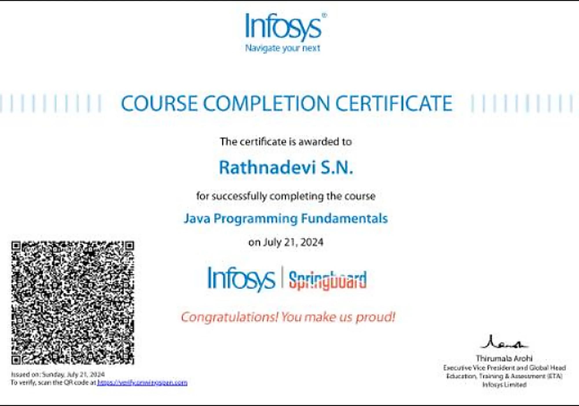 Java Programming Fundamentals, issued by Infosys Springboard