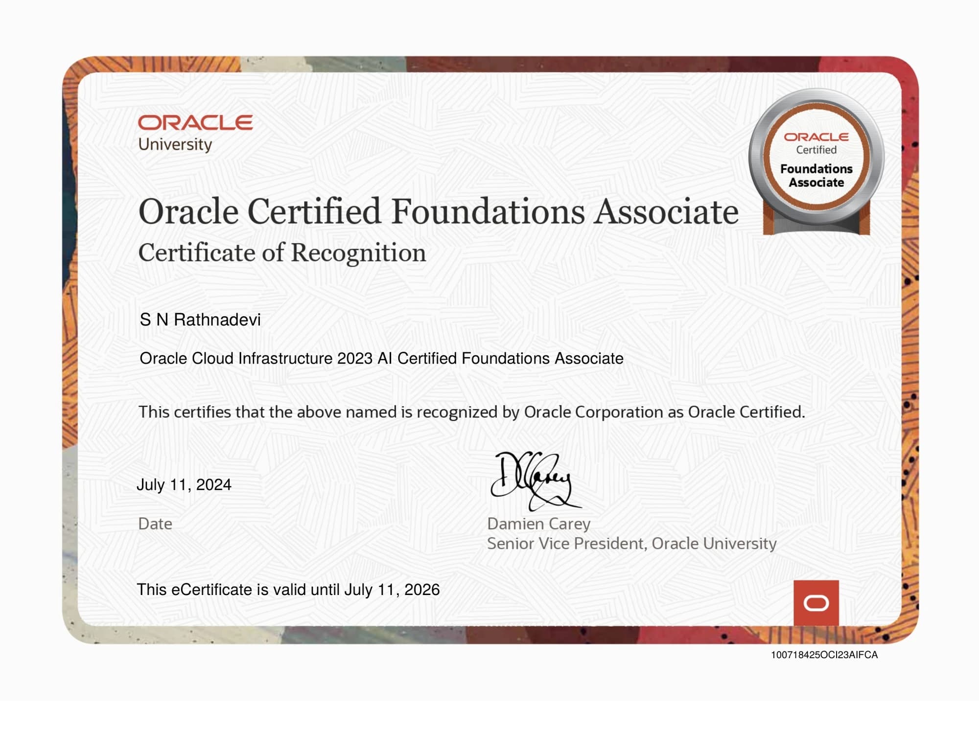 Oracle Cloud Infrastructure 2023 AI Certified Foundations Associate, issued by Oracle