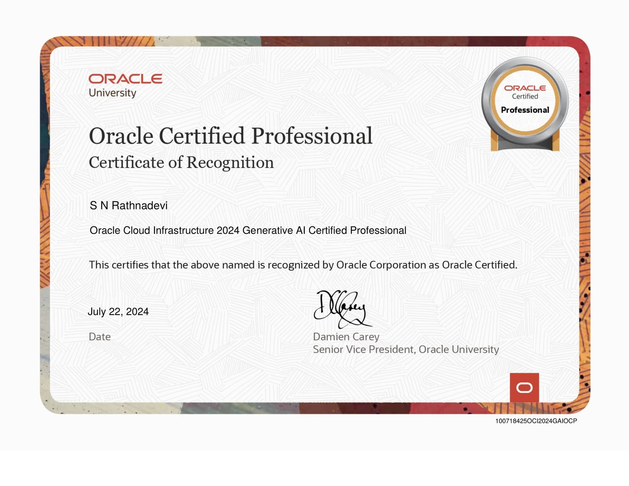 Oracle Cloud Infrastructure 2024 Generative AI Certified Professional, issued by Oracle