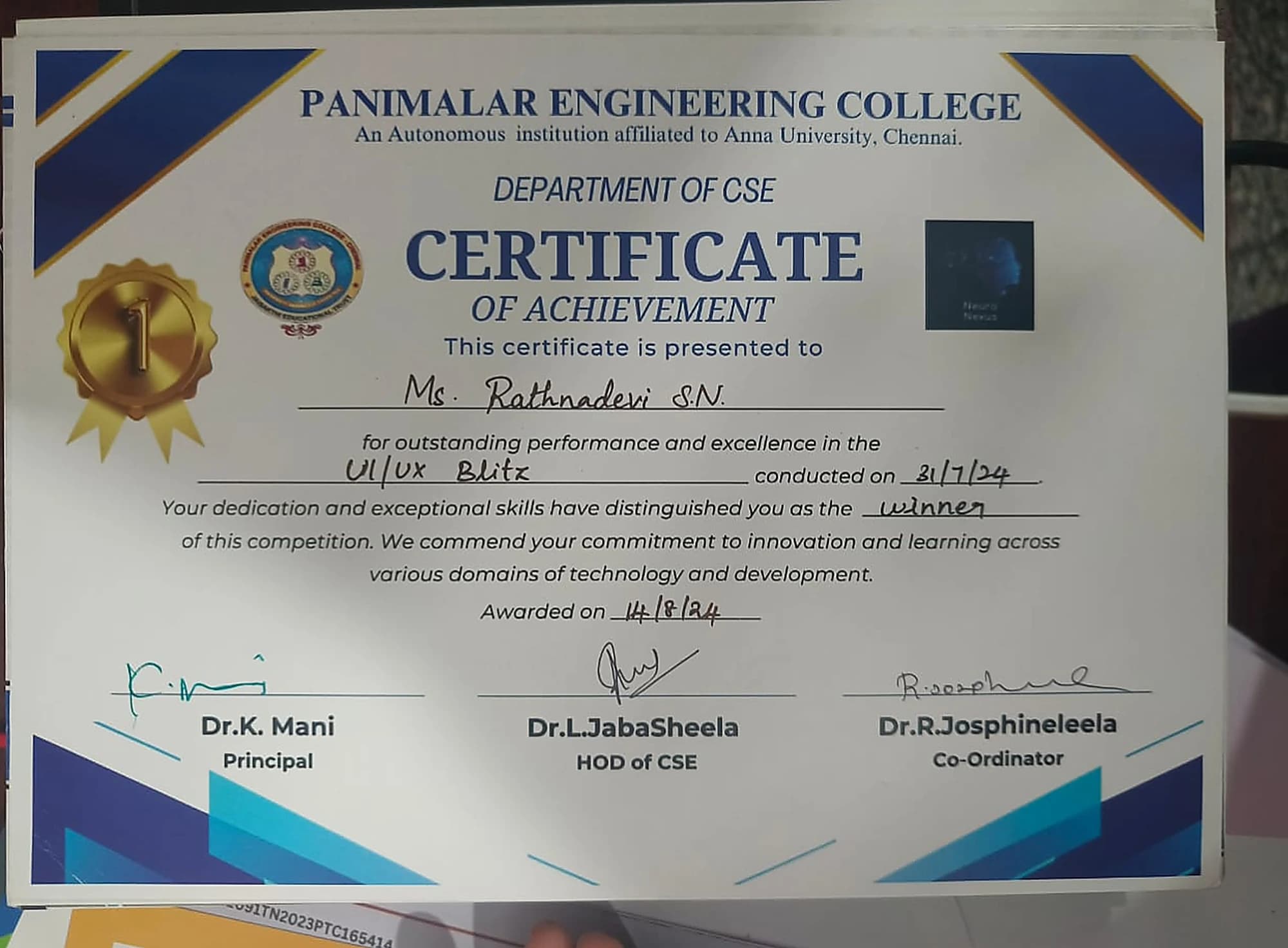 UI UX Blitz, Winner, issued by Department of CSE, Panimalar Engineering College
