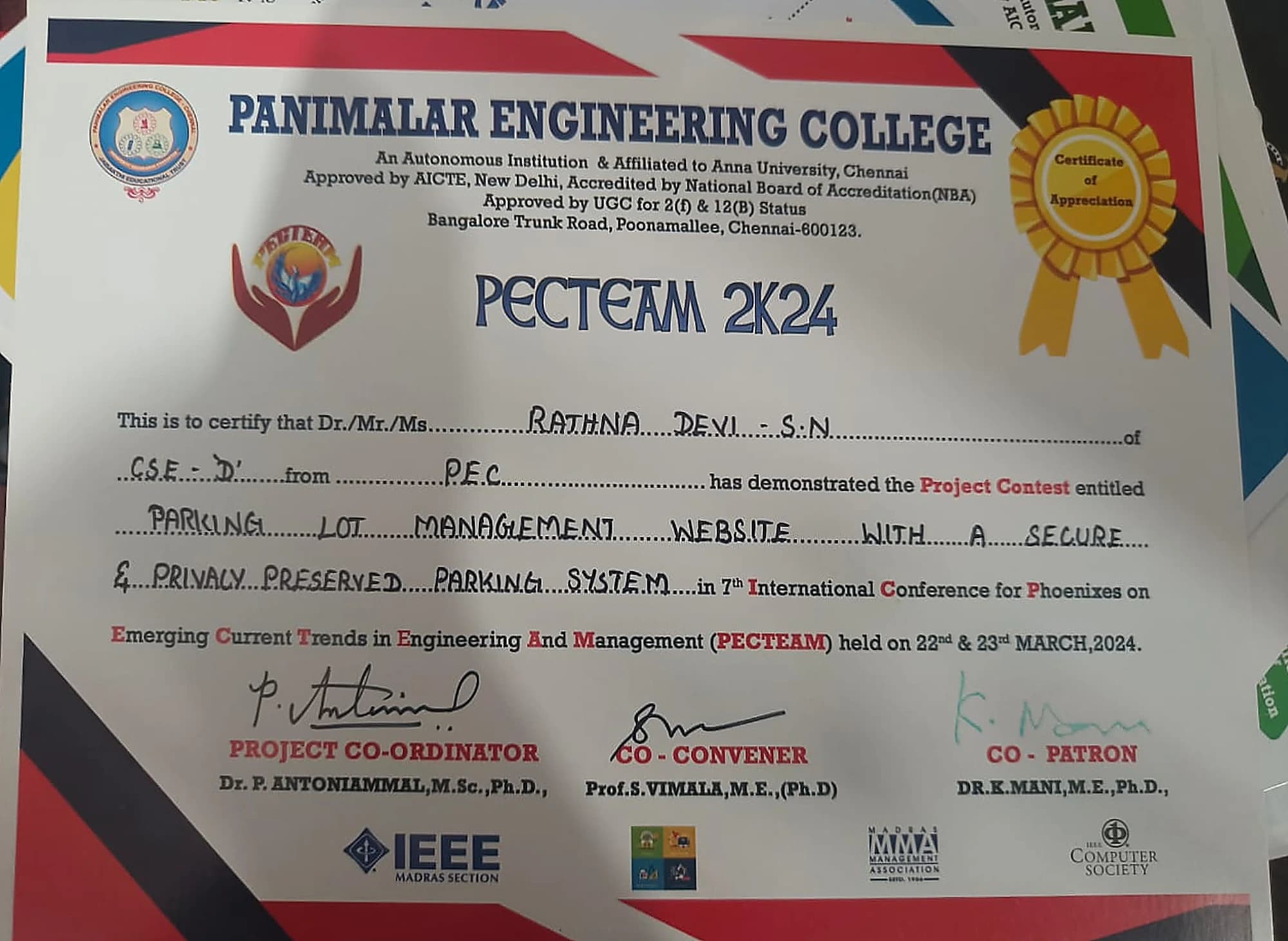 Parking Lot Management Website with a Secure and Privacy Preserved Parking System, issued by Project contest at PECTEAM 2K24, Panimalar Engineering College with IEEE Madras Section