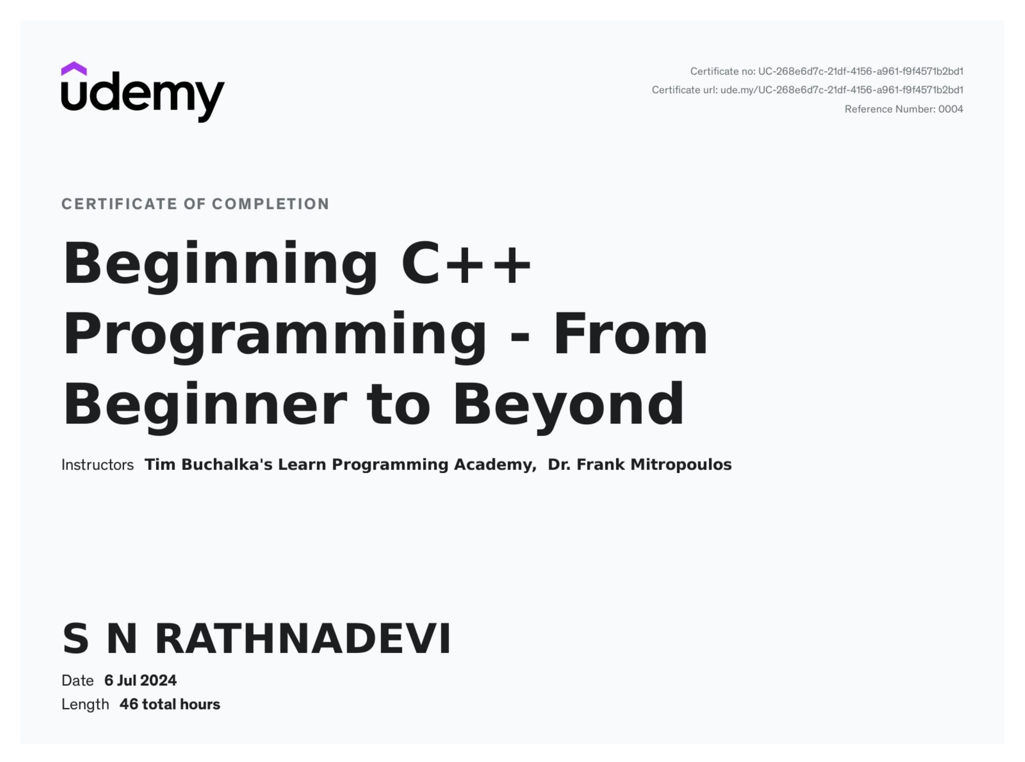 Beginning C++ Programming: From Beginner to Beyond, issued by Udemy