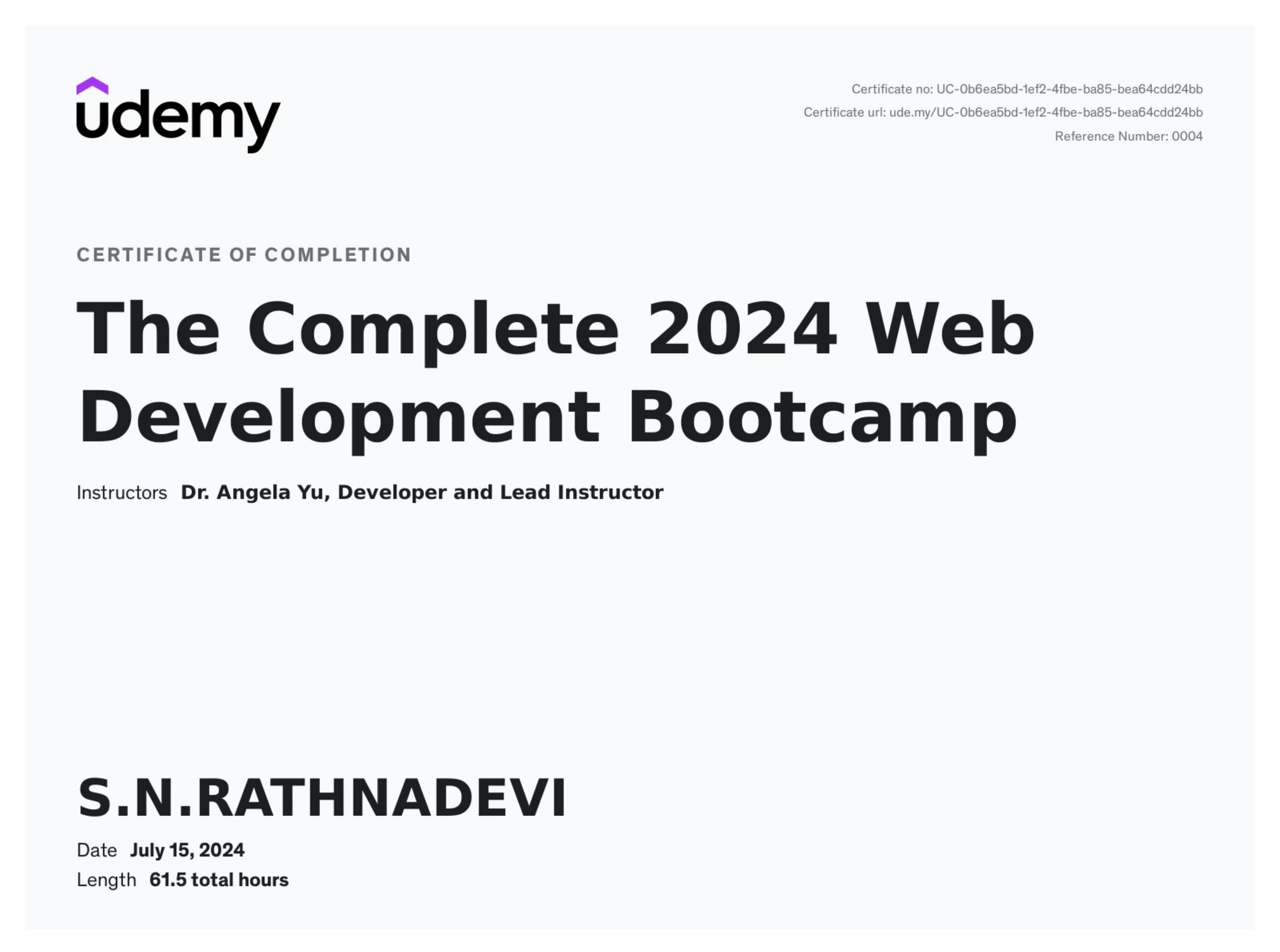 The Complete 2024 Web Development Bootcamp, issued by Udemy