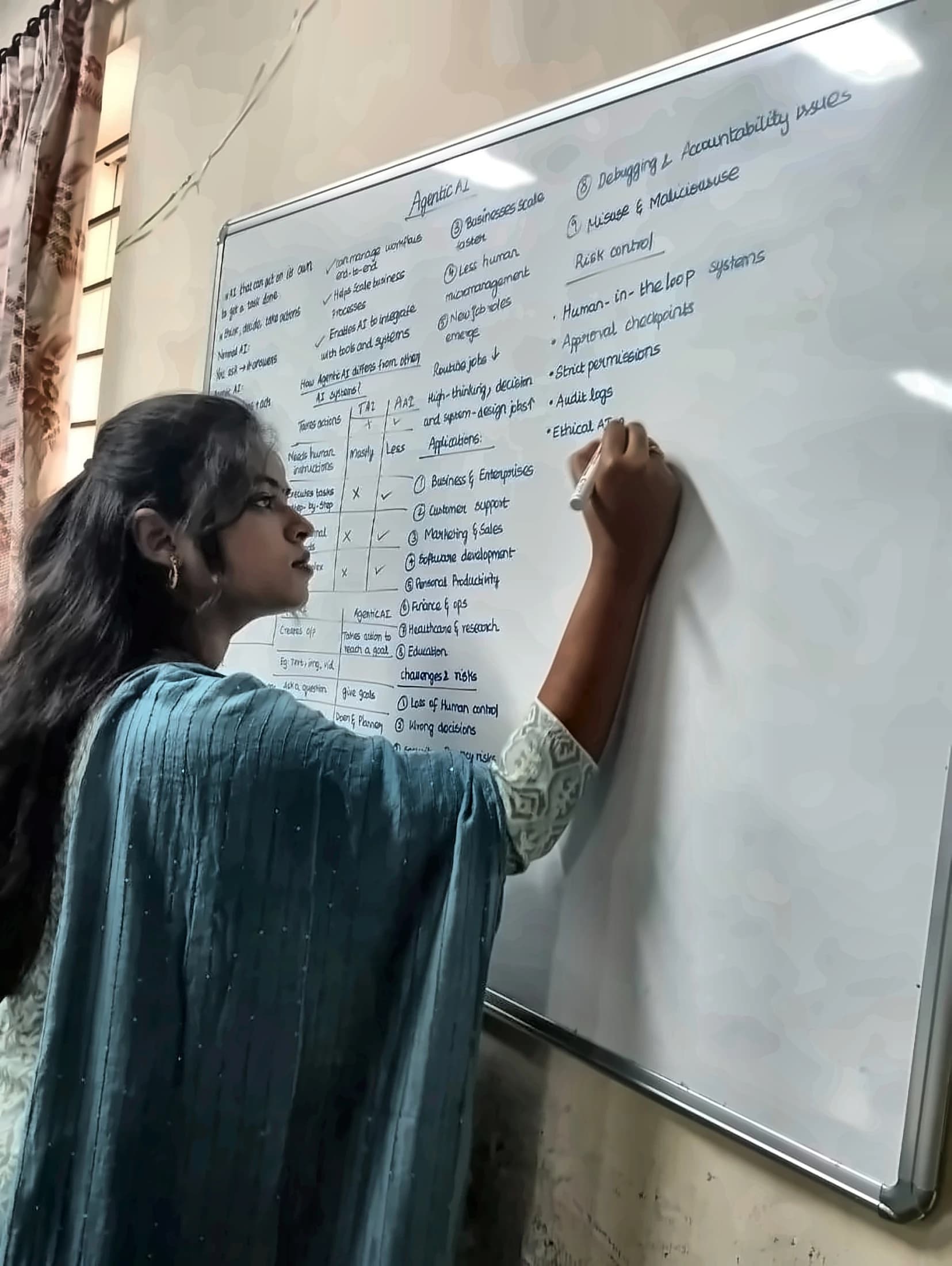 S.N.Rathnadevi teaching agentic AI at a whiteboard covered in her own notes